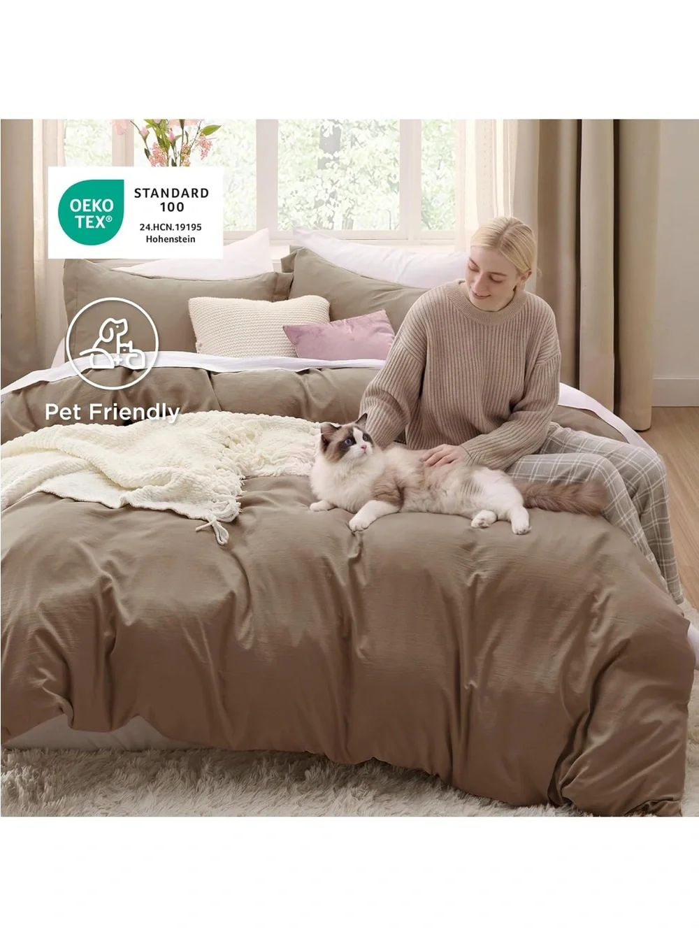 NEW Bedsure Prewashed Duvet Cover King, Cotton-Like Soft Bedding Set, Brown